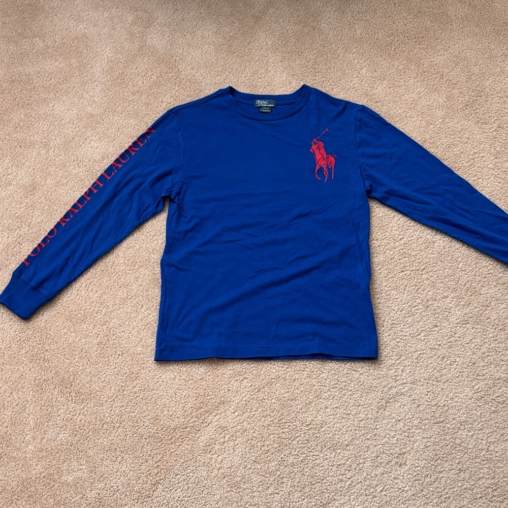 Ralph Lauren Royal Blue Shirt with Red Emblem and Polo Ralph Lauren on Sleeve